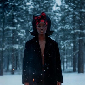 Könnte beinhalten: Eine Person trägt einen schwarzen Mantel und einen schwarzen Hut mit einer rot-schwarzen Karoschleife in einem verschneiten Wald. Im Vordergrund brennt ein Feuer. Die Szene erinnert an Wintermode und Outdoor-Stil.