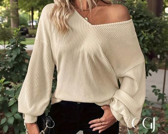 Suéter de cuello en V acanalado: jersey acogedor para mujer, prenda de punto para otoño e invierno, prenda esencial de invierno para mujer.