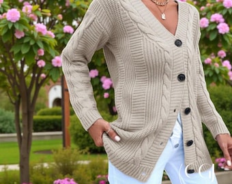 Cable Knit V-Neck Cardigan: Khaki Button Front Sweater - Minimalist Knitwear for Women