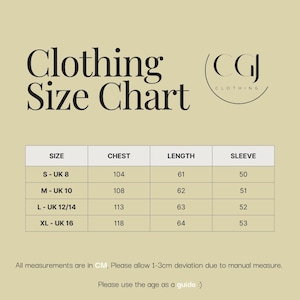May include: A clothing size chart with measurements in centimetres. Sizes range from S to XL, with chest measurements from 104 to 118 cm, lengths from 61 to 64 cm, and sleeve lengths from 50 to 53 cm. The brand logo is in the top right corner.