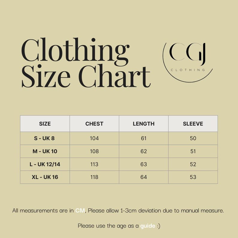 May include: A clothing size chart with measurements in centimetres. Sizes range from S to XL, with chest measurements from 104 to 118 cm, lengths from 61 to 64 cm, and sleeve lengths from 50 to 53 cm. The brand logo is in the top right corner.