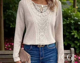 Women’s Lace Knit Top - Long Sleeve Crochet Top - Winter Layering Essential - Cosy Textured Pullover