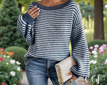 Women’s Off-Shoulder Sweater - Stylish Striped Jumper - Women's Fall Fashion