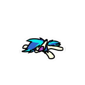 May include: A sticker featuring a cartoon character with blue and teal hair, a purple mouth, and cream-colored body. The character is lying down with its arms and legs outstretched. The sticker has a white border.