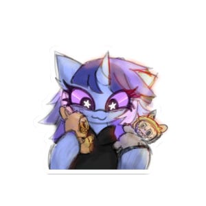 May include: A digital illustration of a cartoon character with blue and purple fur, star-shaped pupils, and holding two small plush toys. The character is smiling and wearing a black top. The background is white.