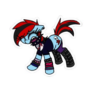 May include: A sticker featuring a cartoon pony with a punk rock aesthetic. The pony is light blue with black and red hair and a matching tail. It wears a black shirt with a Green Day logo and the word "WEIRD" on its leg. The pony has a skull and lightning bolt on its flank.