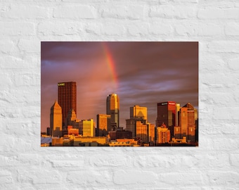 Impressão fotográfica do pôr do sol com arco-íris no horizonte de Pittsburgh | Papel fosco