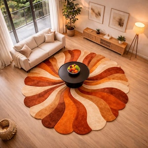 Round Abstract Wool Rug, Sunburst Wavy Pattern, Orange Beige Hand Tufted, Retro Modern Plush Rug, Living Room Statement Decor