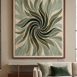 Abstract Green Swirl Tufted Wall Art, Large Framed Textile Wall Hanging, Modern Sage Green Botanical Fiber Art, Living Room Canvas Decor