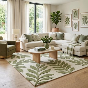 Alfombra con estampado botánico de hojas, alfombra moderna tejida a mano, alfombra esculpida 100 % lana neozelandesa para una decoración de lujo en la sala de estar o el dormitorio.