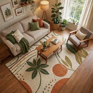 May include: An overhead shot of a living room with a beige sofa, wooden coffee table, and a patterned rug. The rug features large green leaves and orange circles. Pillows in shades of green and orange accent the sofa. A wooden armchair sits nearby.