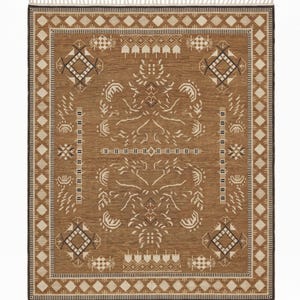 Alfombra de lana anudada a mano, alfombra Oushak marrón camel, alfombra turca tribal geométrica, alfombra de sala de estar con estética natural de 8x10 y 9x12.