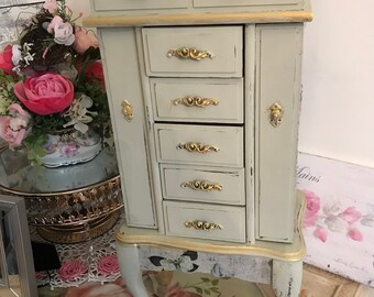 Tall Shabby Jewelry Cabinet Large White Jewelry Armoire Girls Jewelry Box Rustic Chic Jewelry Box With French Door Gift For Mom Women