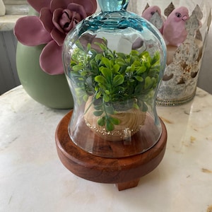 An raised Magnolia Home wood base with a blue glass dome/Cloche
