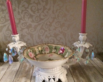 Shabby chic centerpiece, brass display with a large bowl center, crystal prisms