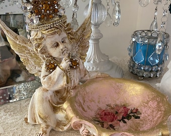 A shabby crowned cherub with attached bowl, candy dish, soap dish