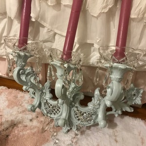 Shabby wall candelabra with crystal glass bobeches with crystal prisms