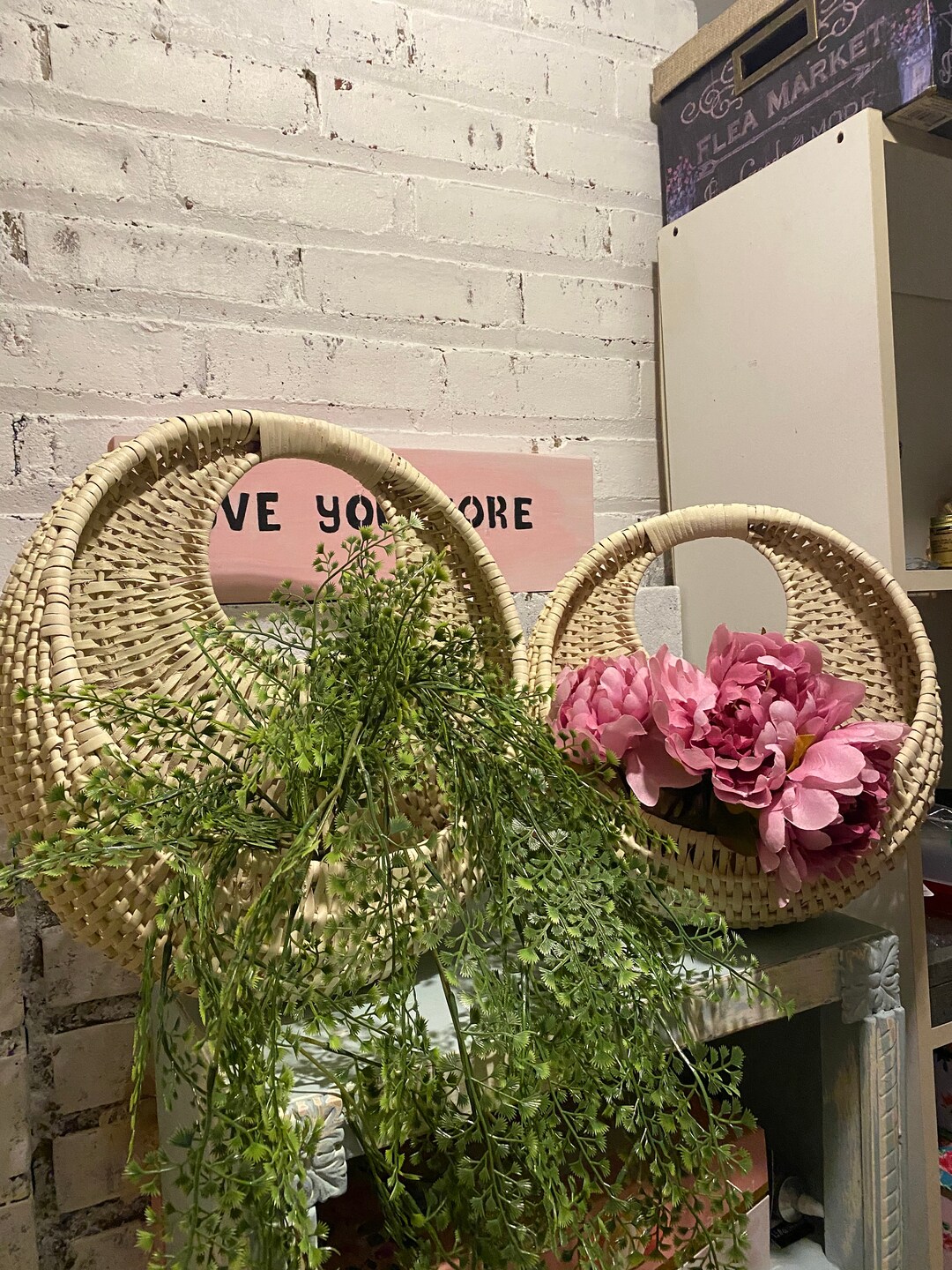 A Pair of Round Open Hanging Baskets, Creamy Wicker Wall Pocket Wall