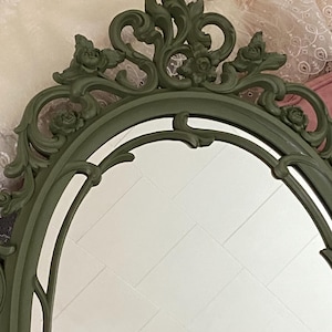 Shabby vintage wall mirror, sage green, baroque frame, nursery wall decor