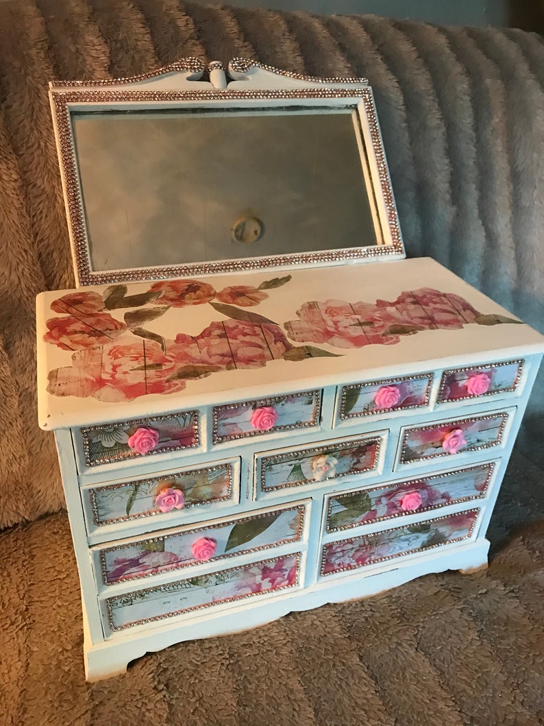 Large shabby vanity box with mirror jewelry box rhinestones Etsy