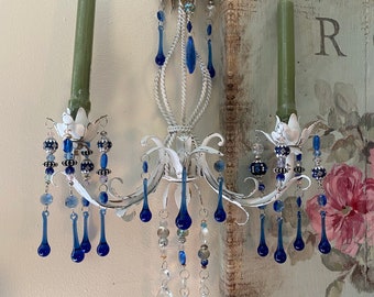 BoHo style 2 candle wall sconce, eclectic blue beaded crystal prisms