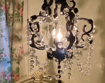 Glam mini chandelier, black beaded, new glass crystal prisms