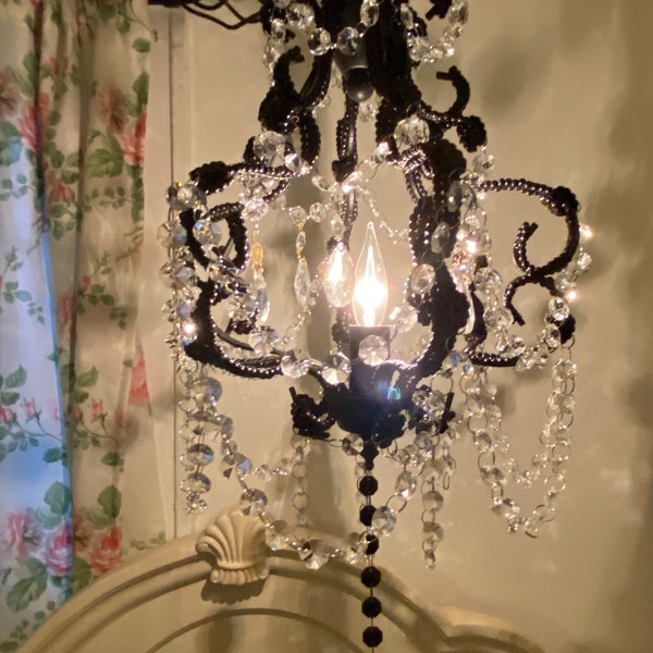 Glam mini chandelier, black beaded, new glass crystal prisms