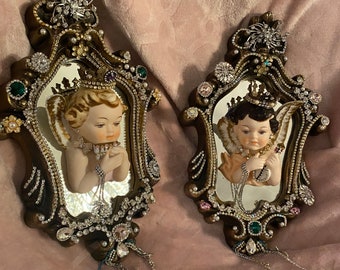 A pair of vintage Norcrest angels, Turner mirrors, rhinestone wall hanging