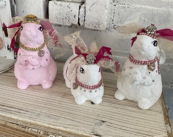 One day ship, a trio of adorable, rhinestone, rabbits, bride rabbits, nursery rabbits, rhinestones and lace bunnies