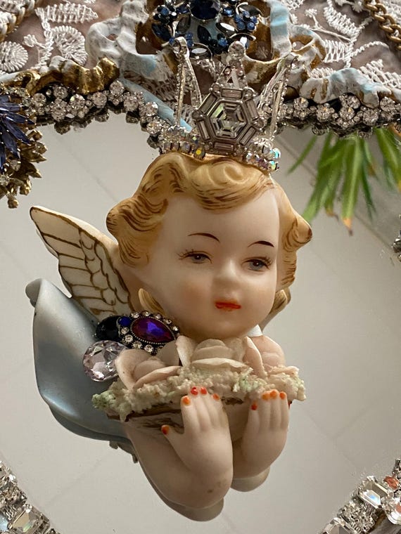 Heart Shaped Mirror With a Vintage Crowned Norcrest Angel, Vintage
