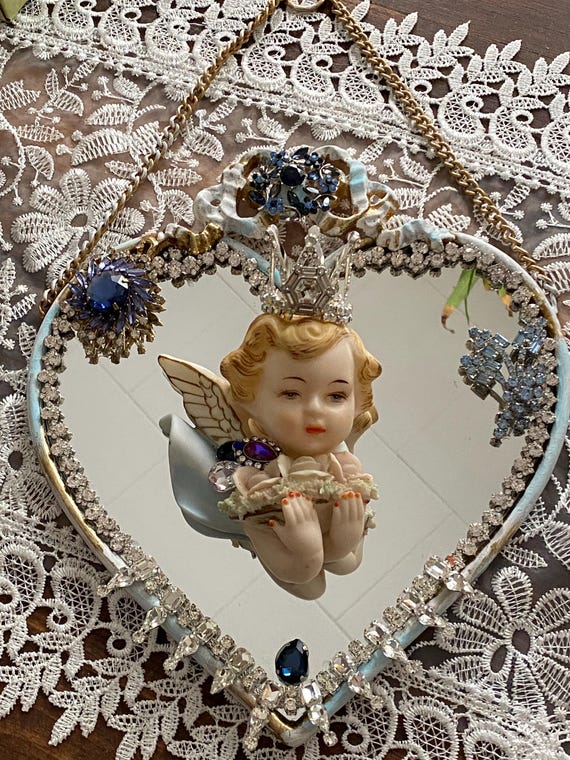 Heart Shaped Mirror With a Vintage Crowned Norcrest Angel, Vintage