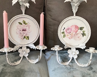 A pair of shabby cottage candle sconces, Prima transfers, floral flower,