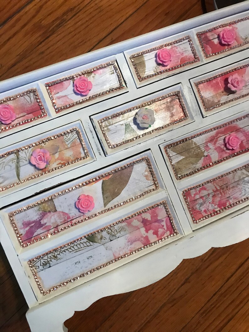 Large shabby vanity box with mirror jewelry box rhinestones Etsy