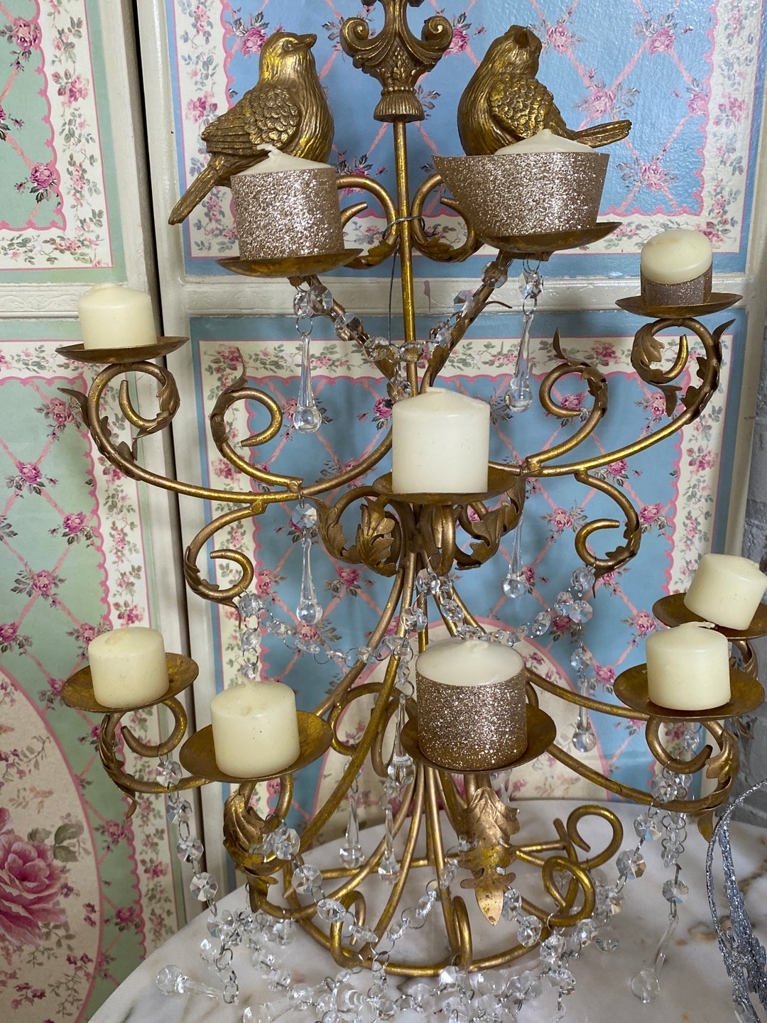 A Pair of Large Wall Candle Sconces, Dripping With Crystals , Gold