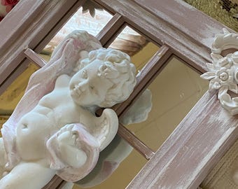 Pink rose mirror/shelf, cherub, wall shelf, nursery wall hanging
