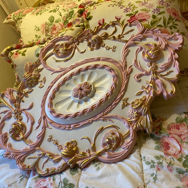 Shabby pink and gold ceiling medallion, nursery lighting, baroque medallion