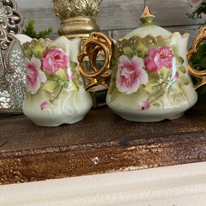 Beautiful Vintage Lefton China Green Heritage Rose Creamer and Sugar Set With lid