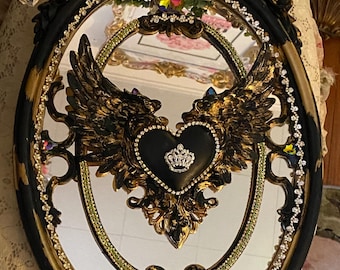 Redesigned Euromarchi wall mirror, black and gold baroque wall hanging, rhinestone, heart with wings, rhinestones