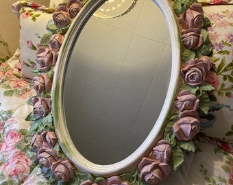 Shabby pink rose wall mirror, gorgeous hand painted, vintage mirror