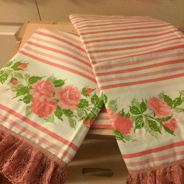 VINTAGE pair Standard new pillowcases so shabby chic,  pink cabbage rose and lace