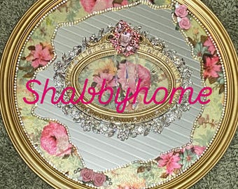 Pretty shabby-Victorian gold frame mirror with roses and rhinestones, 15” round