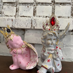 Crowned Cherub Figurine: Pink or Gray, Rhinestone Nursery Decor