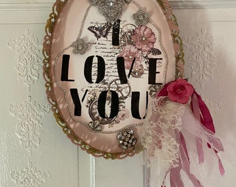 Shabby I love you wall hanging, repurposed filigree tray, rhinestones, nursery sign