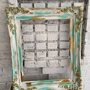 Antyczna barokowa otwarta rama ścienna: turkus, złoto i biel, wystrój shabby chic (26x21 cali)