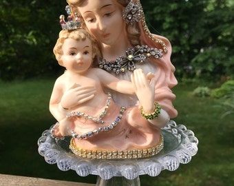 Lefton rhinestoned Madonna and child statue