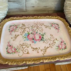 Bandeja de servir vintage de estilo provenzal francés, tocador, plato decorativo desgastado, rosas