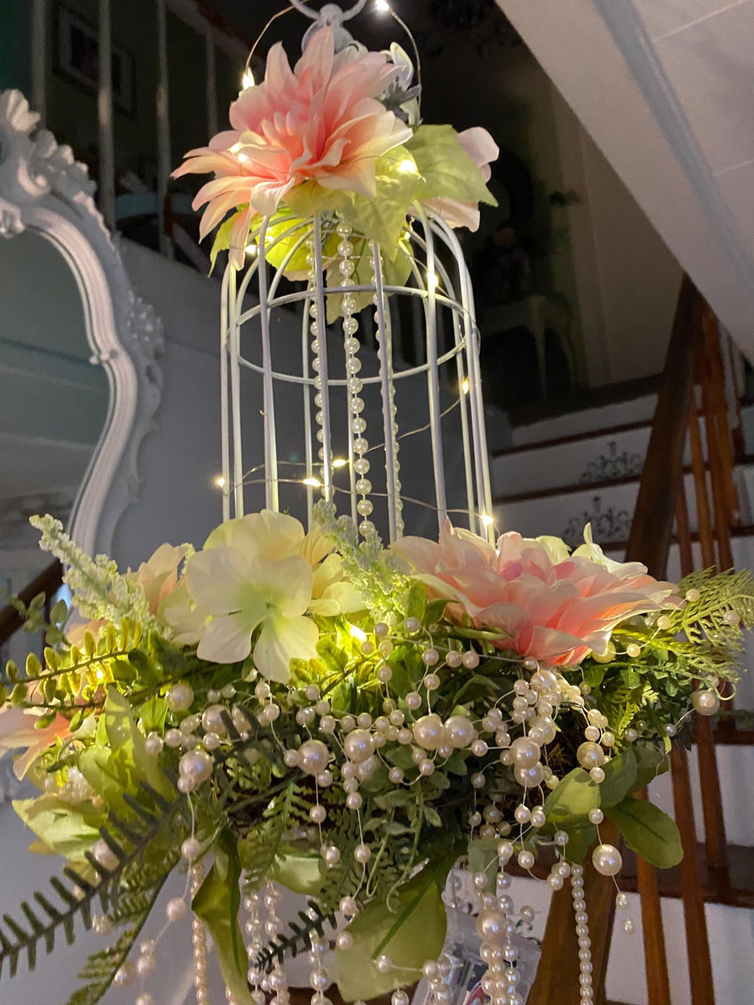 Shabby Chic Birdcage Chandelier: Pink Flowers & Pearl Lights - Etsy