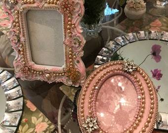 A pair Victorian style decorative frames, vintage pearls, rhinestones, wall and table frames