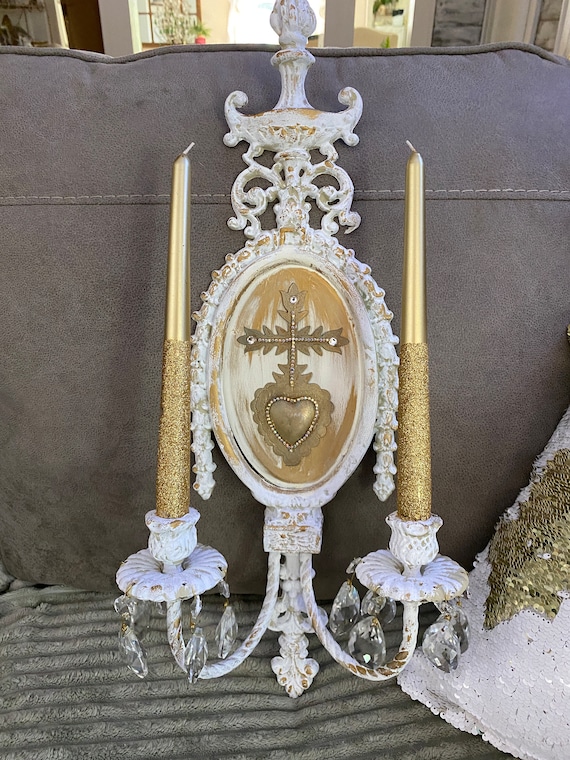 French Nordic 2 candle wall sconce, Milagro heart, new crystal glass prisms