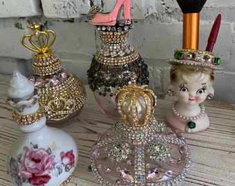 A shabby vanity set, 3 rhinestones pink bottles, vintage shabby perfume bottle and a porcelain girl